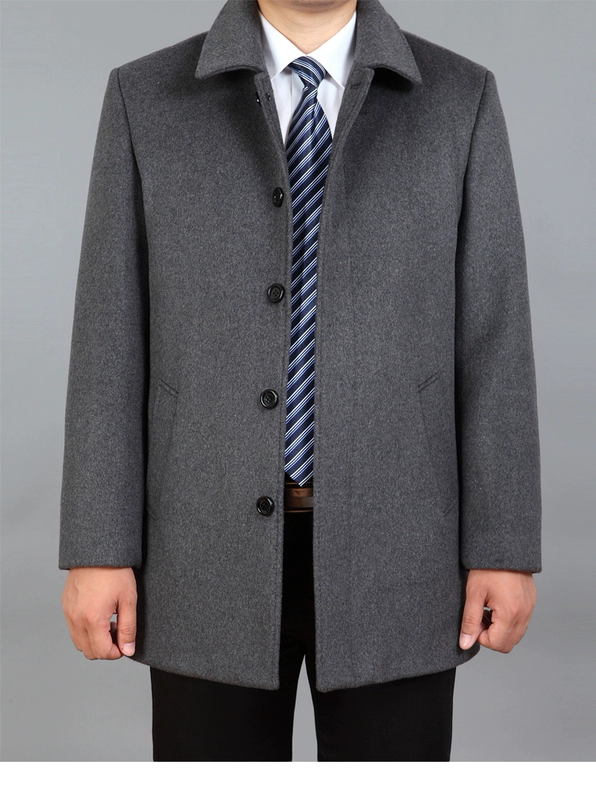 Mùa thu và mùa đông áo khoác cashmere đích thực nam dài ve áo trung niên kinh doanh áo len giản dị cộng với nhung dày