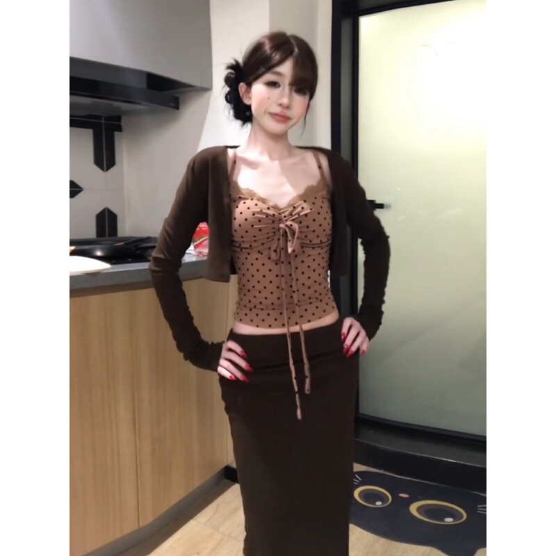 Purely Sexy Hot Girl Outfit Set for Women, Perfect for Early Autumn, Includes a Sweater, Camisole Top, and a Bodycon Skirt