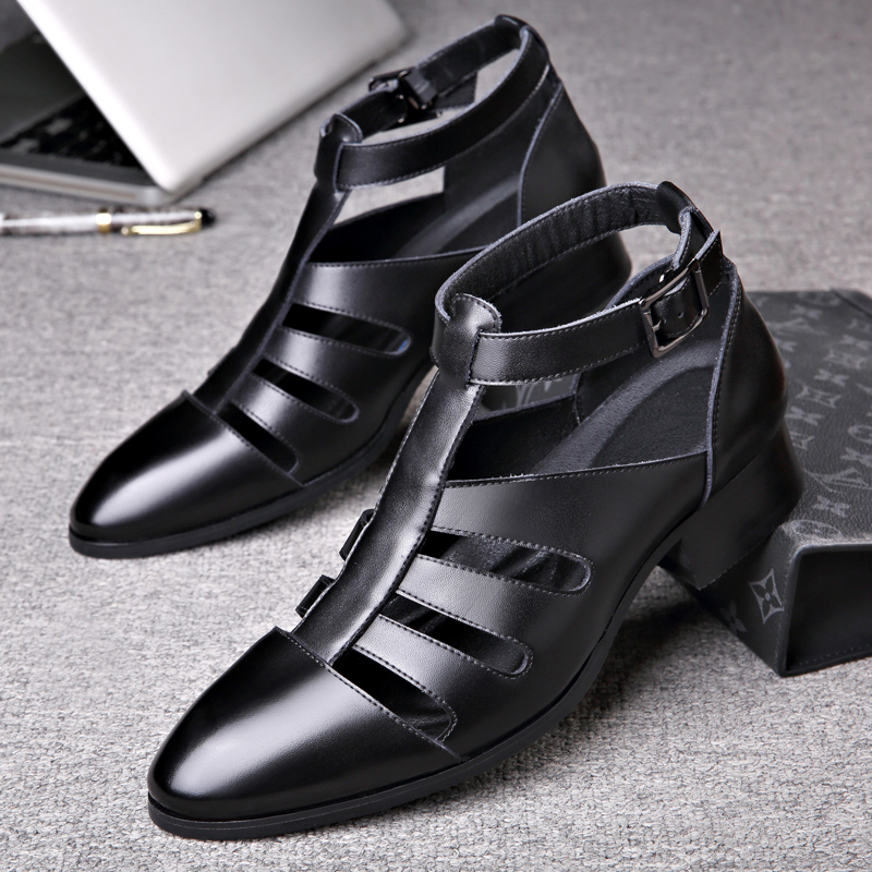Summer Men's Genuine Leather Sandals, Business Formal Hollow High-Top Leather Shoes, Pointed Toe High-Heeled Versatile Clogs, Trendy