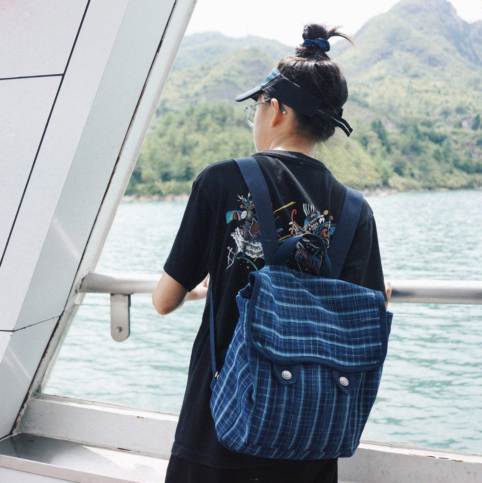 貴州藍染め藍白格子手織り生地 親子兼用ユニセックス通勤リュック