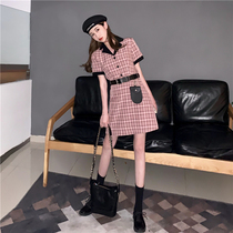 Sweet cool pink plaid dress womens 2021 summer new Korean version of the college wind waist short section thin skirt tide