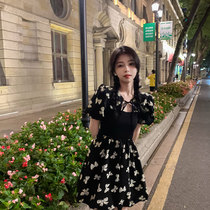 2022 New law-style first love bubble sleeves black one-piece dress female summer small sub butterfly knot waist short skirt