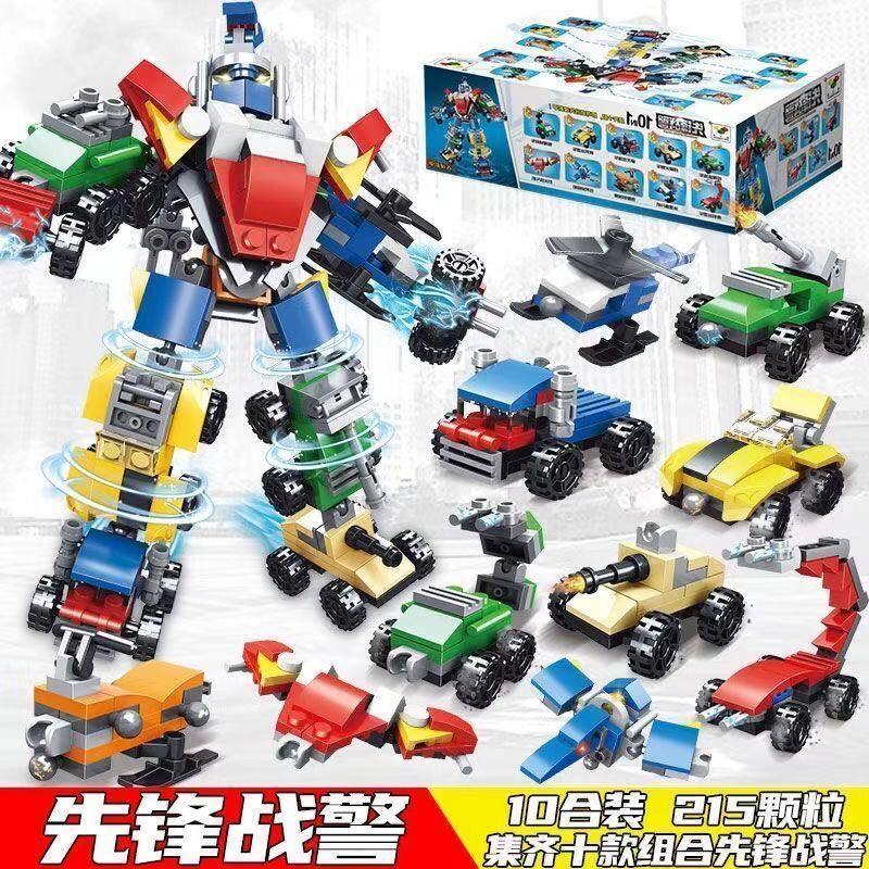 Children's building block car puzzle assembly robot fire truck police car set vibrato with the same cartoon model toy