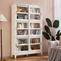 Full solid wood sliding door bookcase locker Free combination Floor-to-ceiling storage cabinet Living room white bookcase with glass door