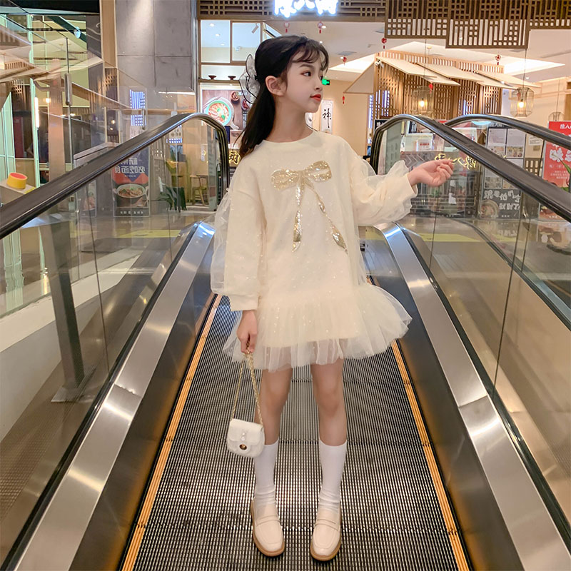 Girl Foreign Dress Autumn Dress New Children Han Edition Tennis Princess Dress Spring Autumn CUHK Child Butterfly Knot Bottomed Skirt