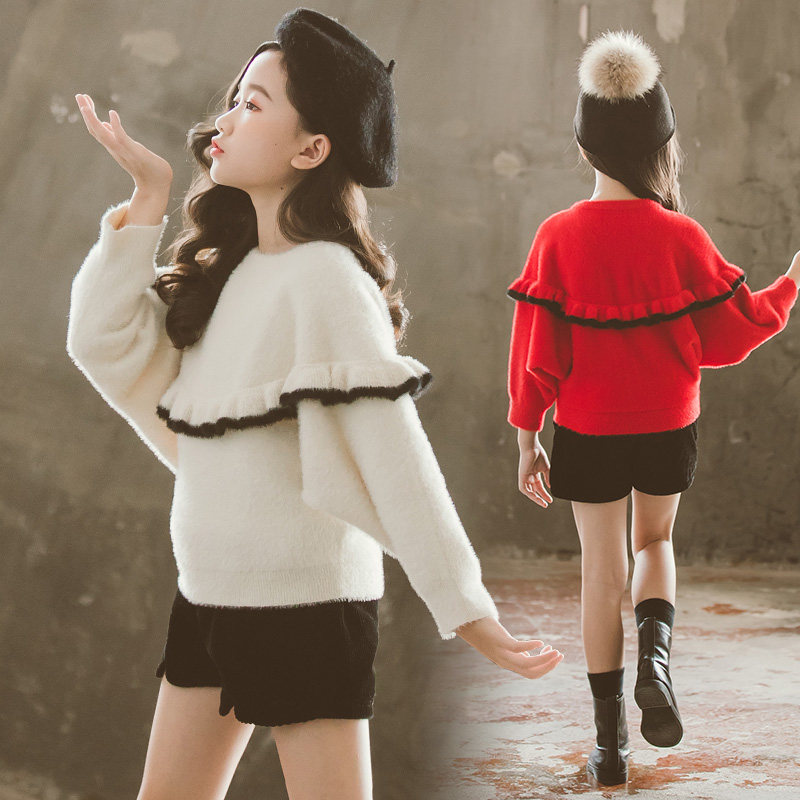 Great Girl Ferret Fur Coat Autumn winter New Korean version Children pro-child Fat Girl Loose Bat Knitwear