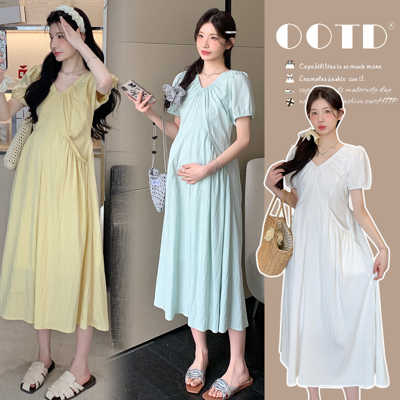 Maternity Dress 2026 New Summer Fashion French Style Loose Belly-Covering Large Size V-Neck Long Dress Summer Style Maternity Dress