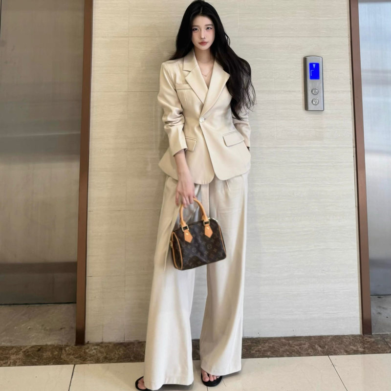 High-End Waist-Cinching Blazer for Women, New Spring and Autumn Korean Style, Slimming Design, Blazer and Wide-Leg Pants Two-Piece Set