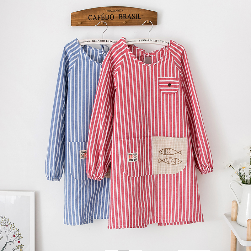 Korean Version Fashion Apron Kitchen Hood Dress With Cuff Woman Long Sleeve Lovers Cute Waistline Waistcoat Domestic Oil Prevention Cooking Work Clothes