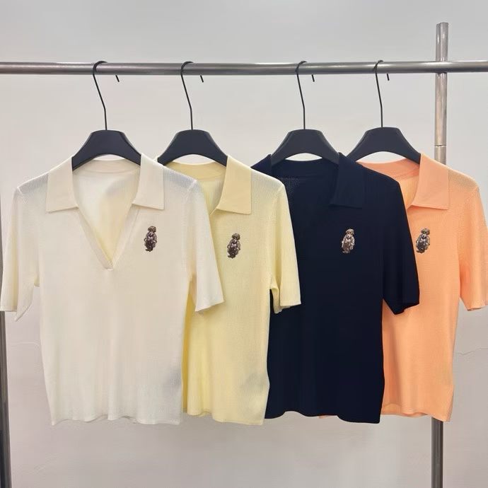 European Goods 26 Spring/Summer New Style ~ Bear Pattern Lapel Short-Sleeved Knit Top for Women, Slim Fit, Versatile Top