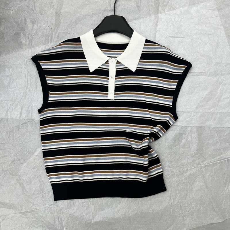 European Goods 26 Summer New Arrivals ~ Fashionable Retro Preppy Style Striped Polo Collar Knitted Cap Sleeve Vest Short-Sleeved Top