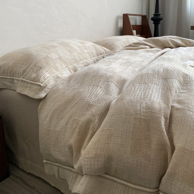 Japanese-Style Simple Plaid Cotton and Linen Jacquard Four-Piece Set 20% Linen Duvet Cover Bed Sheet Fitted Sheet Bedding Suitable for All Seasons 4 Japanese-Style Simple Plaid Cotton and Linen Jacquard Four-Piece Set 20% Linen Duvet Cover Bed Sheet Fitted Sheet Bedding Suitable for All Seasons 4