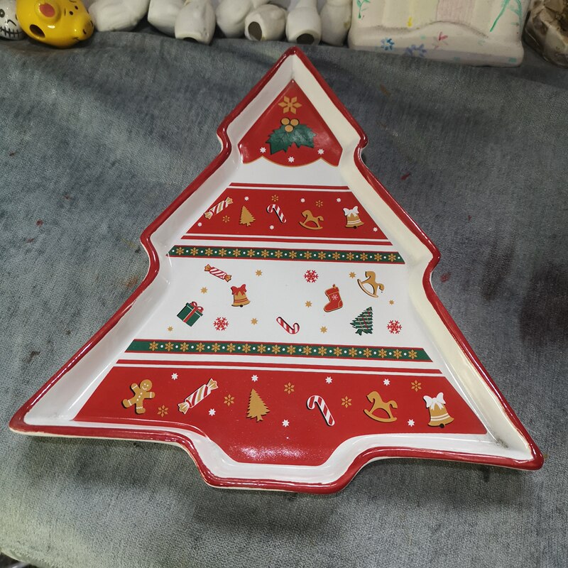 Ink Porcelain, Ceramic Crafts, Ceramic Red Christmas Tree Printed Plate, Christmas Decorations