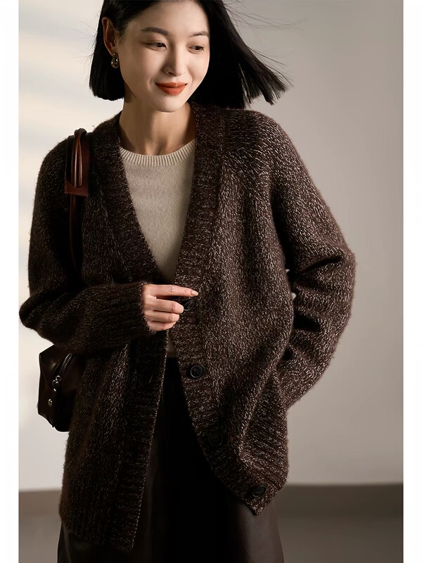 100% Cashmere Cardigan for Women, Round Neck, Thickened, Loose, Lazy Style, Knitted Sweater Jacket