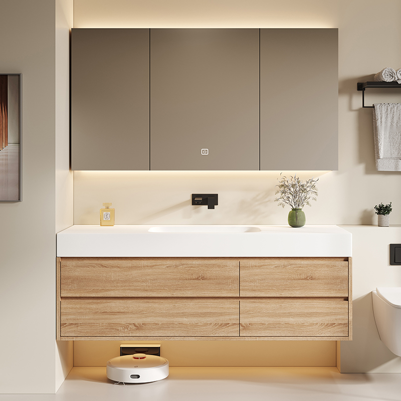 Imported Dupont Corian Integrated Basin with Natural Wood Style Bathroom Cabinet Set, Modern Minimalist Washbasin for Bathroom