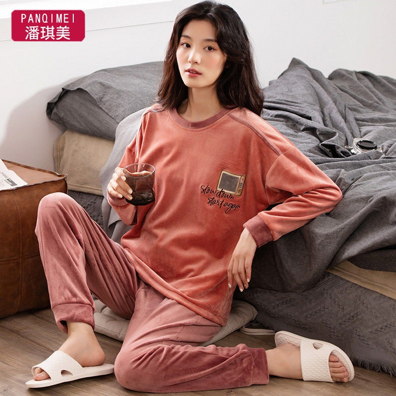 Clear Barn Winter Coral Suede Pyjamas Woman Spring Fall flange Flannel Thickened Sleeve Head Winter Island Suede Home Suit-Taobao