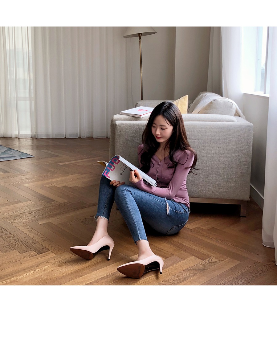 Áo len màu hồng tím của phụ nữ cổ chữ V bó sát áo thu đông và mùa đông Hàn Quốc áo thun dài tay áo sơ mi cotton mỏng phần cotton mẫu áo len đẹp