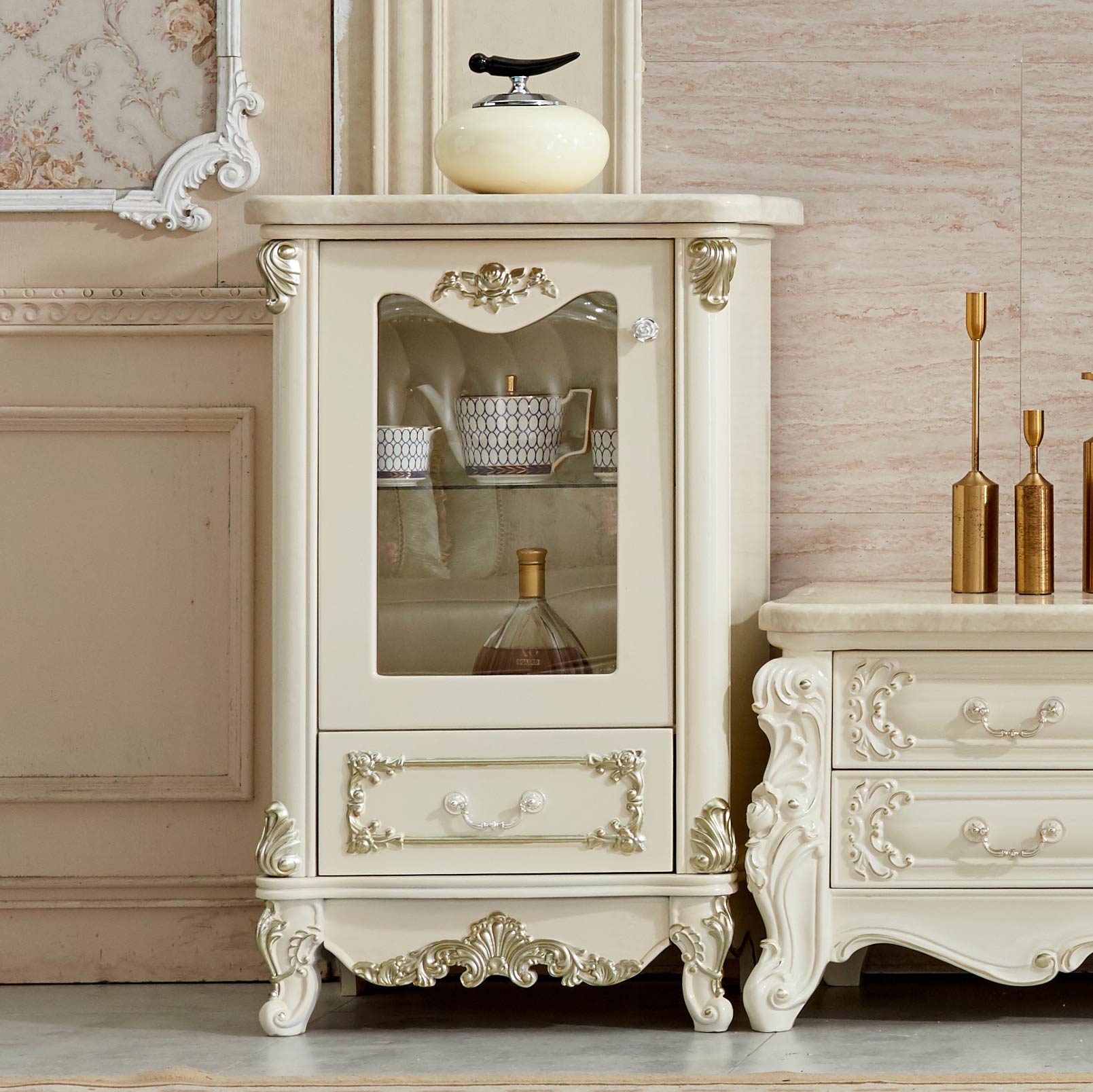 European style wine cabinet against the wall solid wood single door glass living room simple marble TV side cabinet combination cabinet furniture set