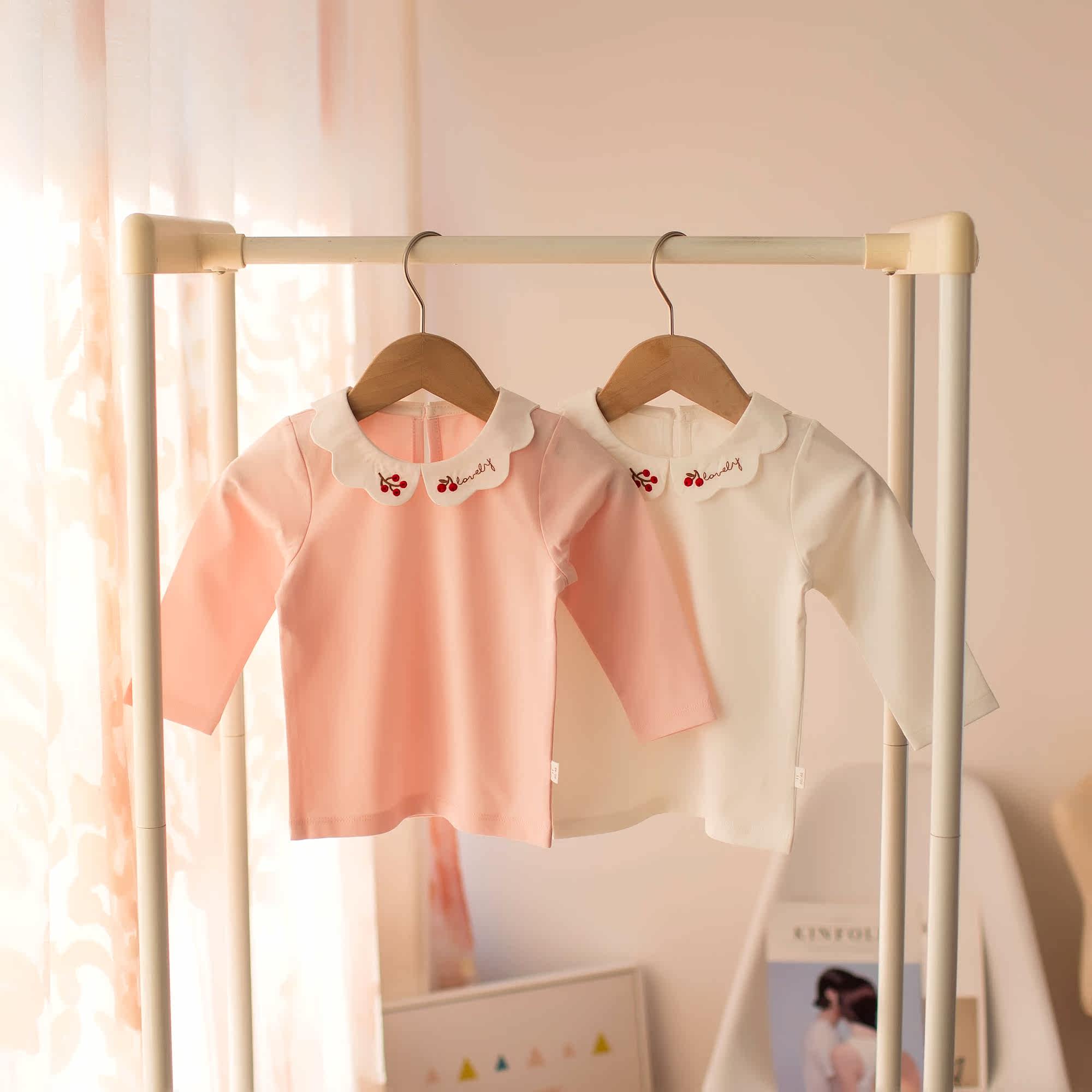 2021 Spring Children Dress Girl Doll Collar Undershirt Embroidered inside Woman Baby Pure Cotton Long Sleeve T-shirt