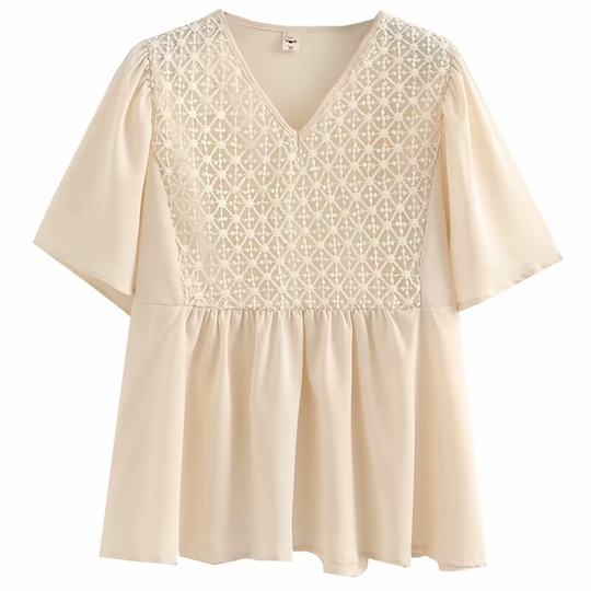 清仓特价女装夏季时尚淑女减龄显瘦雪纺蕾丝拼接V领喇叭袖娃娃衫