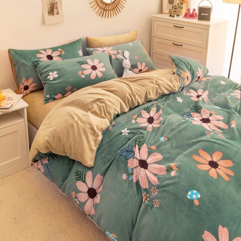 Cartoon wind double-sided thickening and velvet milk velvet four-piece winter sanding soft skin-friendly coral velvet bed sheet quilt cover