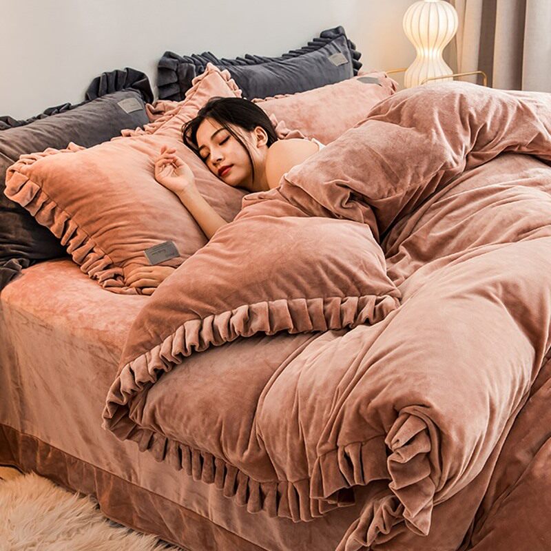 Baby velvet double layer lotus leaf milk velvet four-piece winter thickened coral velvet double-sided quilt cover high gram weight bed sheet