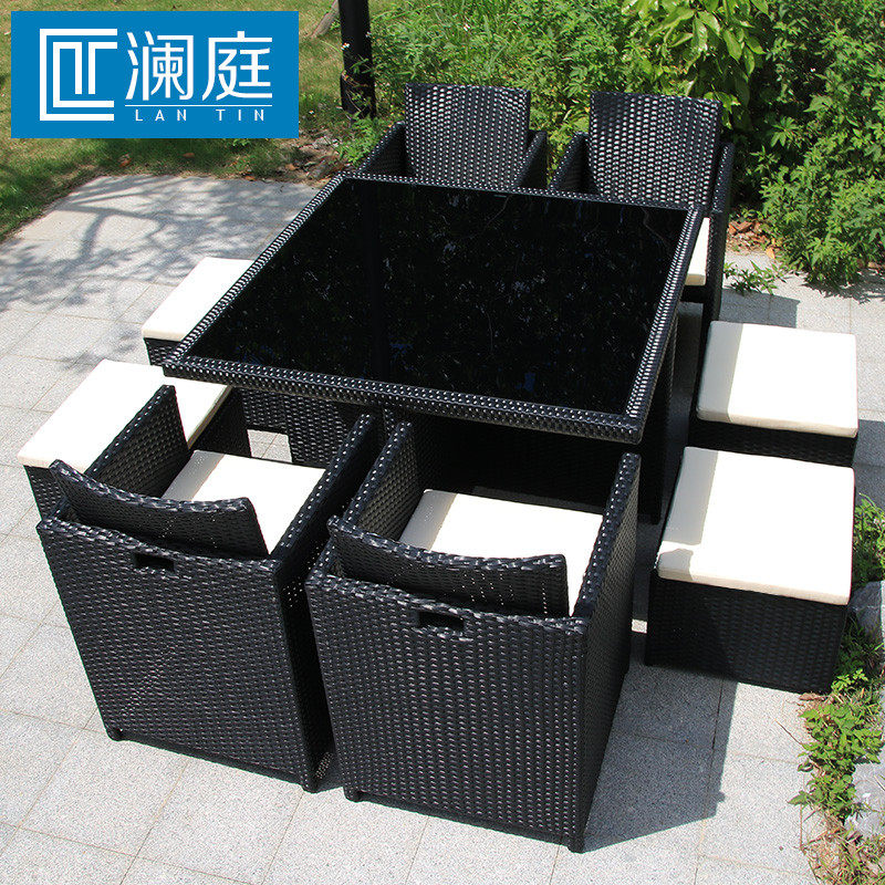 Outdoor open-air table and chair combination simple courtyard waterproof sun protection homestay terrace leisure rattan rattan chair with umbrella combination