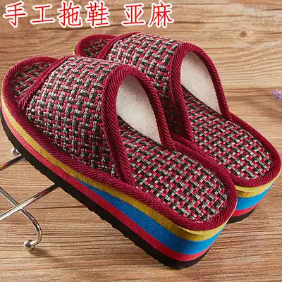 2018 New Spring and Autumn linen slippers female high heel thick bottom non-slip home indoor handmade cotton linen slippers slope heel