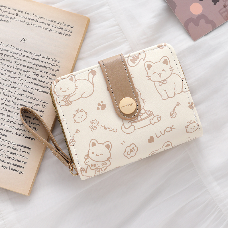 New Japanese-Style Cute Cartoon Short Wallet for Women, Simple Zipper Coin Purse, Student Fresh-Style Leather Wallet