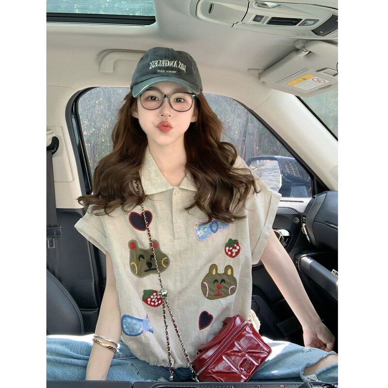 Extra Large Size 150kg Retro Style Cartoon Short-Sleeved Shirt for Women, Summer Design with Embroidery, Loose and Versatile Top Extra Large Size 150kg Retro Style Cartoon Short-Sleeved Shirt for Women, Summer Design with Embroidery, Loose and Versatile Top