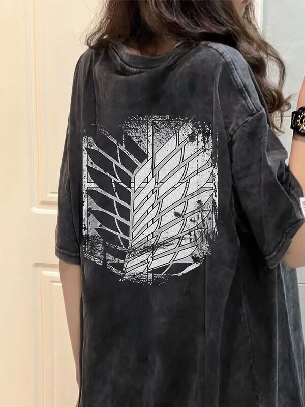 Plus Size 150kg Non-Pilling Heavyweight Attack on Titan American Retro Short-Sleeve Washed Vintage T-Shirt for Men and Women Trendy Bf