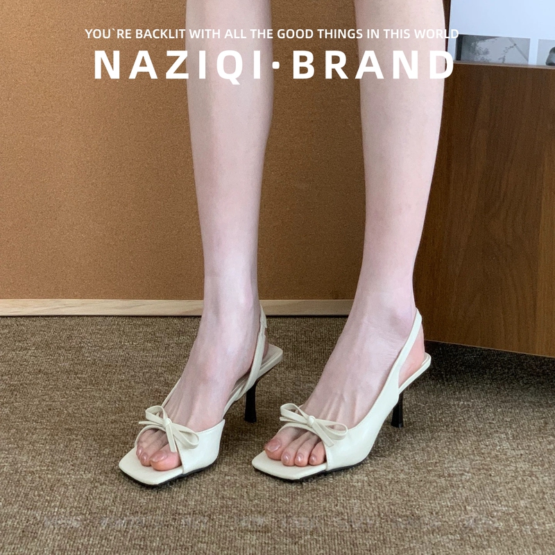 French-Style White High-Heeled Sandals with Square Toe, Open Toe, Bow, Fairy-Like Stiletto Heel, Single Strap, White High-Heeled Sandals for Women