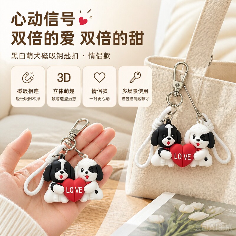Heart-Shaped Puppy Couple Pendant Gift Magnetic Keychain for Boyfriend Girlfriend Confession Gift Bag Charm Accessory