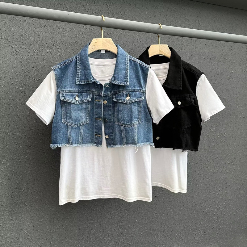 Summer Short Denim Vest for Men and Women, Korean Style Sleeveless Frayed Jacket, Versatile for Spring and Autumn, Student Lapel Vest