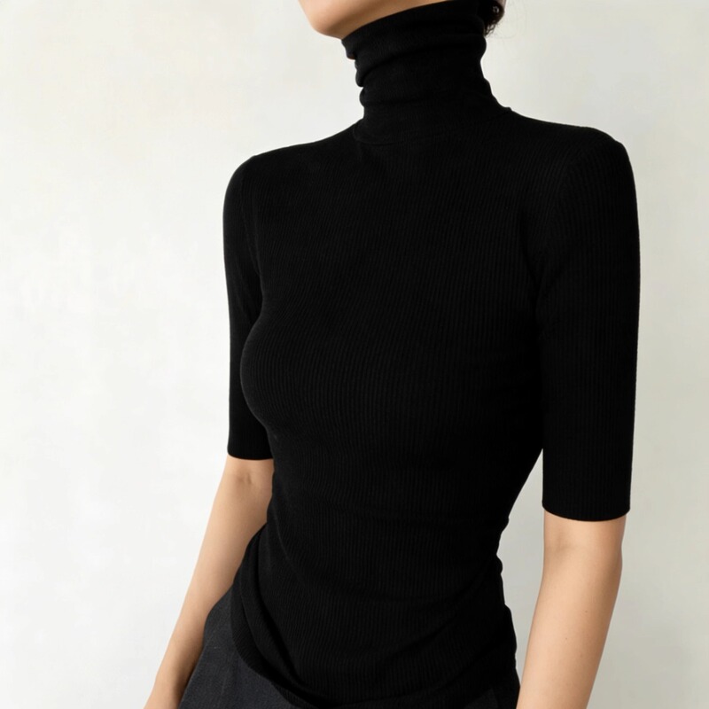 High-Neck, Three-Quarter Sleeve Sweater for Women, Slim Fit, Stacked Collar, Half-Sleeve Top, Autumn and Winter Tight-Fitting Knit Base Shirt, Black, Slightly Plump