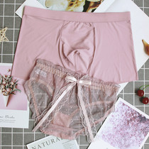 Ice silk couple underwear sexy seamless transparent pair of underwear set summer male flat corner three women passion large size transparent