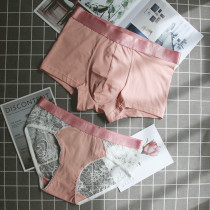 Couple underwear new cotton lace sexy passion transparent double 2 underwear set mens flat corner Womens triangle