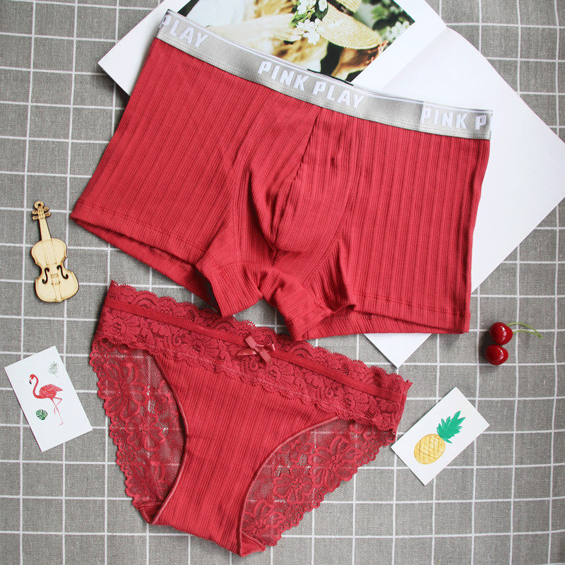 Couples panties red honmei year men's and women's underwear cotton set lace edge sexy men's flat horn women's triangle