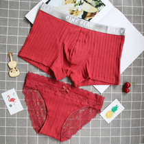 Couple underwear Red mens and womens underwear cotton set lace edge sexy mens flat corner Womens triangle