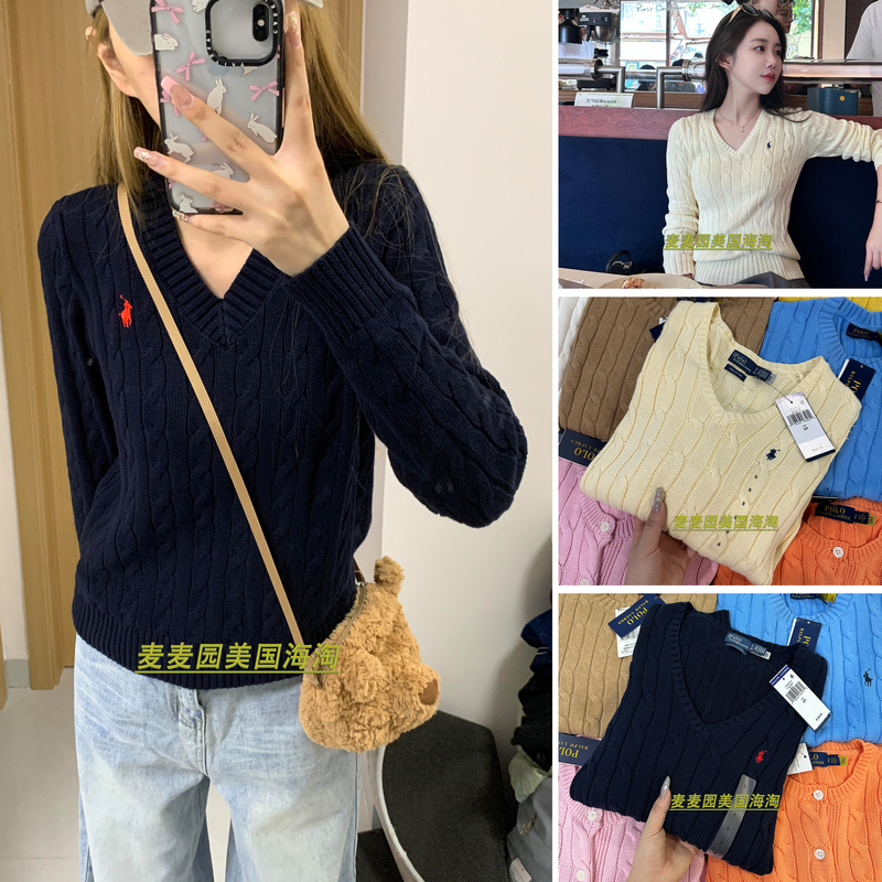 Ralph Lauren American Version Knitted V-Neck Sweater Pure Cotton Long-Sleeved Slim Fit Polo Women's Clothing