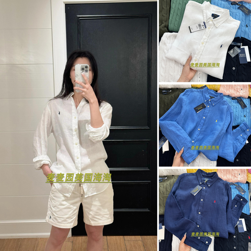 Ralph Lauren Classic American Version Linen Polo Long-Sleeved Shirt for Older Children, Women's Shirt Ralph Lauren Classic American Version Linen Polo Long-Sleeved Shirt for Older Children, Women's Shirt