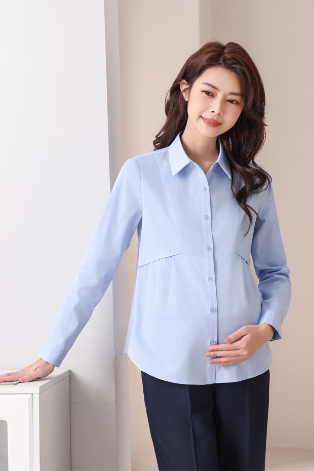 Maternity Professional Shirt, Loose-Fitting Workwear, Short White Top, Ol Blue Spring and Autumn Long-Sleeve Interview Work Shirt — 17