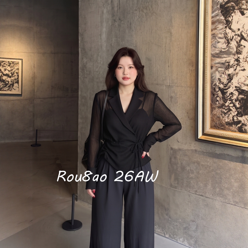 Rou8Ao Plus-Size Women's Casual Style V-Neck Tie Waist Long-Sleeve Shirt Early Autumn New Fashion Top Rou8Ao Plus-Size Women's Casual Style V-Neck Tie Waist Long-Sleeve Shirt Early Autumn New Fashion Top