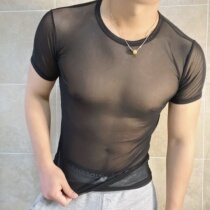 Mr. Afly-Spice Mesh Yarn Material Tight Fit Pure Color T-Shirt Men Breathable Summer Sexy Sports Short Sleeves