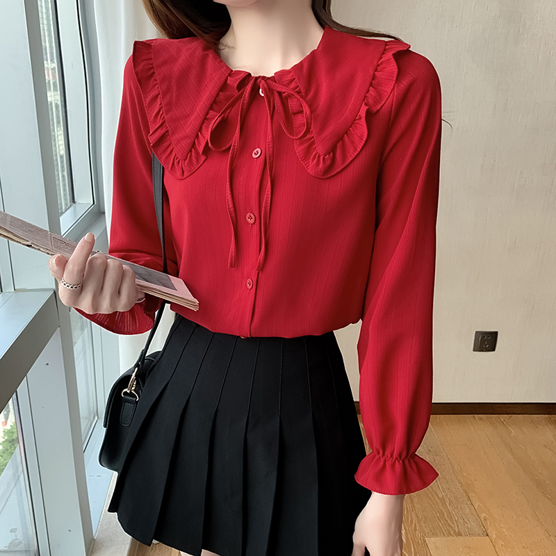 Baby Doll Collar Shirt, Spring 2025 New Style, Women's Red Stylish Blouse, Long-Sleeved Unique Top, Chiffon Shirt