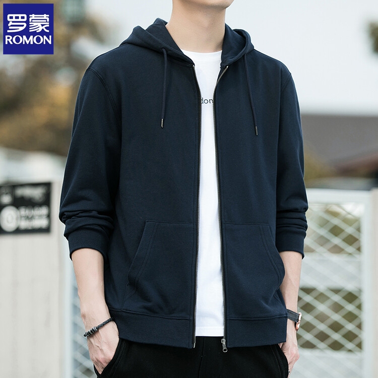 Romon Brand Counter Hooded Sweatshirt Men's Spring and Autumn New Pure Cotton Loose Cardigan Jacket Sports Casual Coat