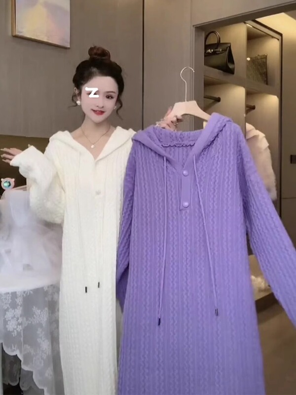 Hooded Knitted Dress for Women, Autumn and Winter, Long, Over-The-Knee, Lazy Style, Korean Version, Loose, Warm Sweatshirt Dress Hooded Knitted Dress for Women, Autumn and Winter, Long, Over-The-Knee, Lazy Style, Korean Version, Loose, Warm Sweatshirt Dress