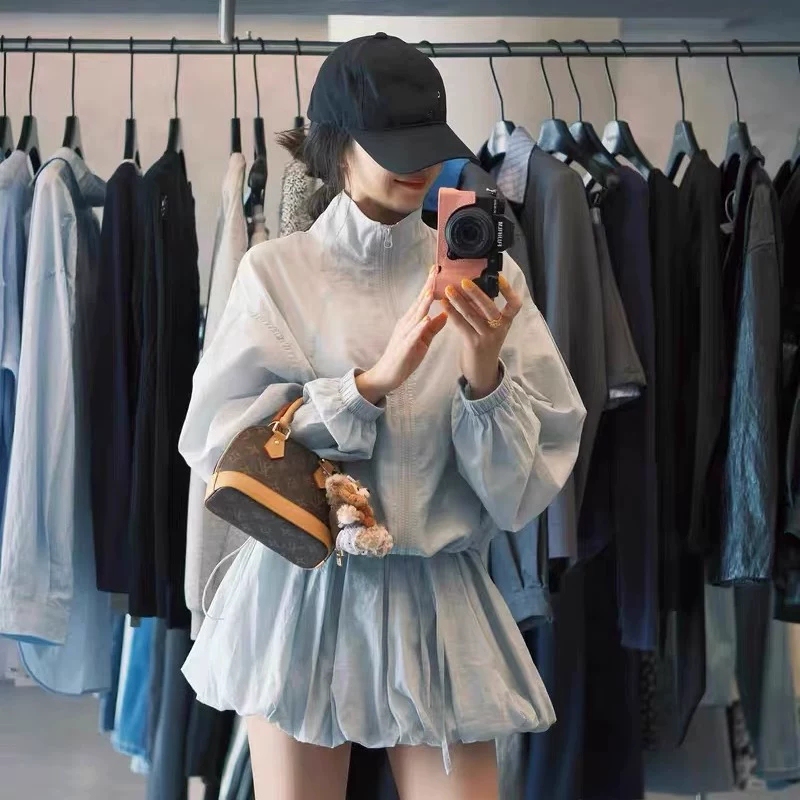 Light Blue Sun Protection Clothing Sportswear Suit for Women in Summer, Loose Thin Long-Sleeved Jacket, Flower Bud Skirt, Casual Two-Piece Set Light Blue Sun Protection Clothing Sportswear Suit for Women in Summer, Loose Thin Long-Sleeved Jacket, Flower Bud Skirt, Casual Two-Piece Set