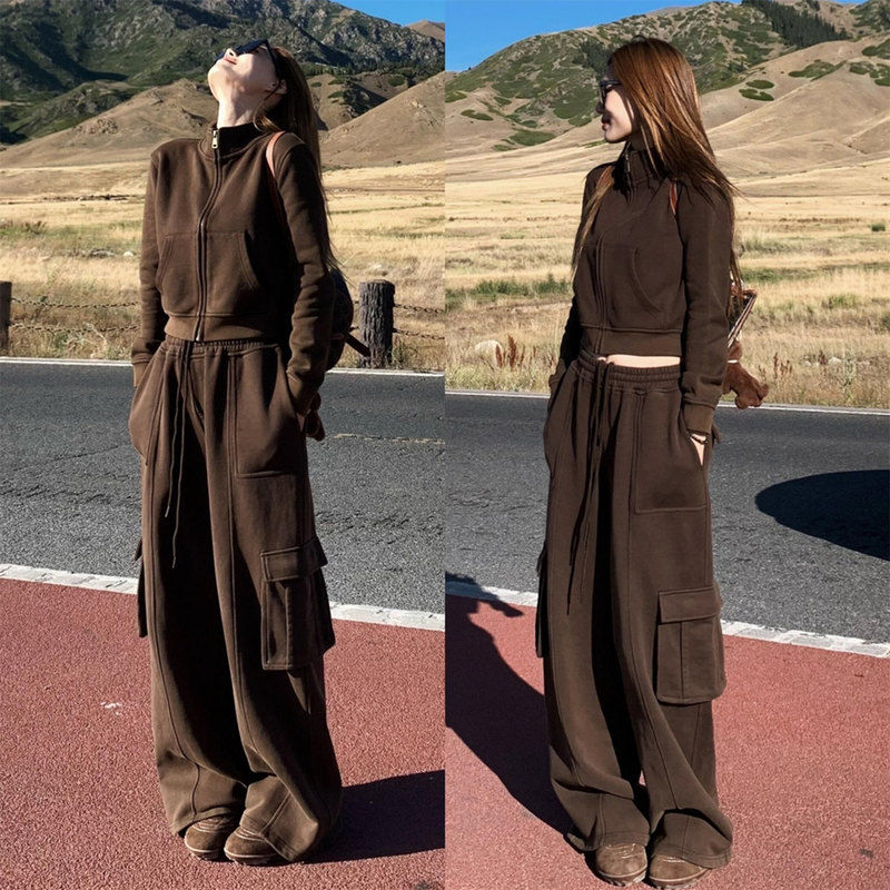 Lazy Style Retro Sportswear Suit for Women, Spring & Fall, High-End Fashion Sweatshirt, Workwear, Wide-Leg Pants, Casual Two-Piece Set