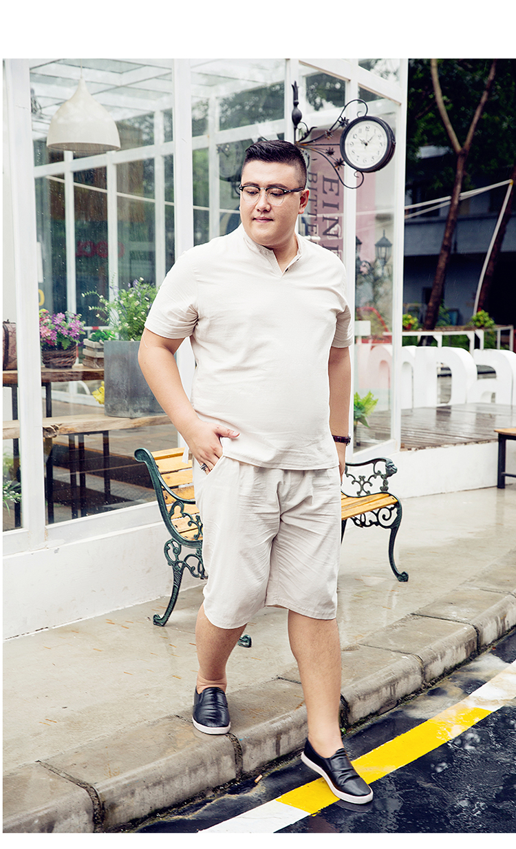 Thể thao phù hợp với nam kích thước lớn chất béo linen cộng với phân bón tăng t-shirt casual loose quần short cotton mùa hè hai mảnh quần vải nam